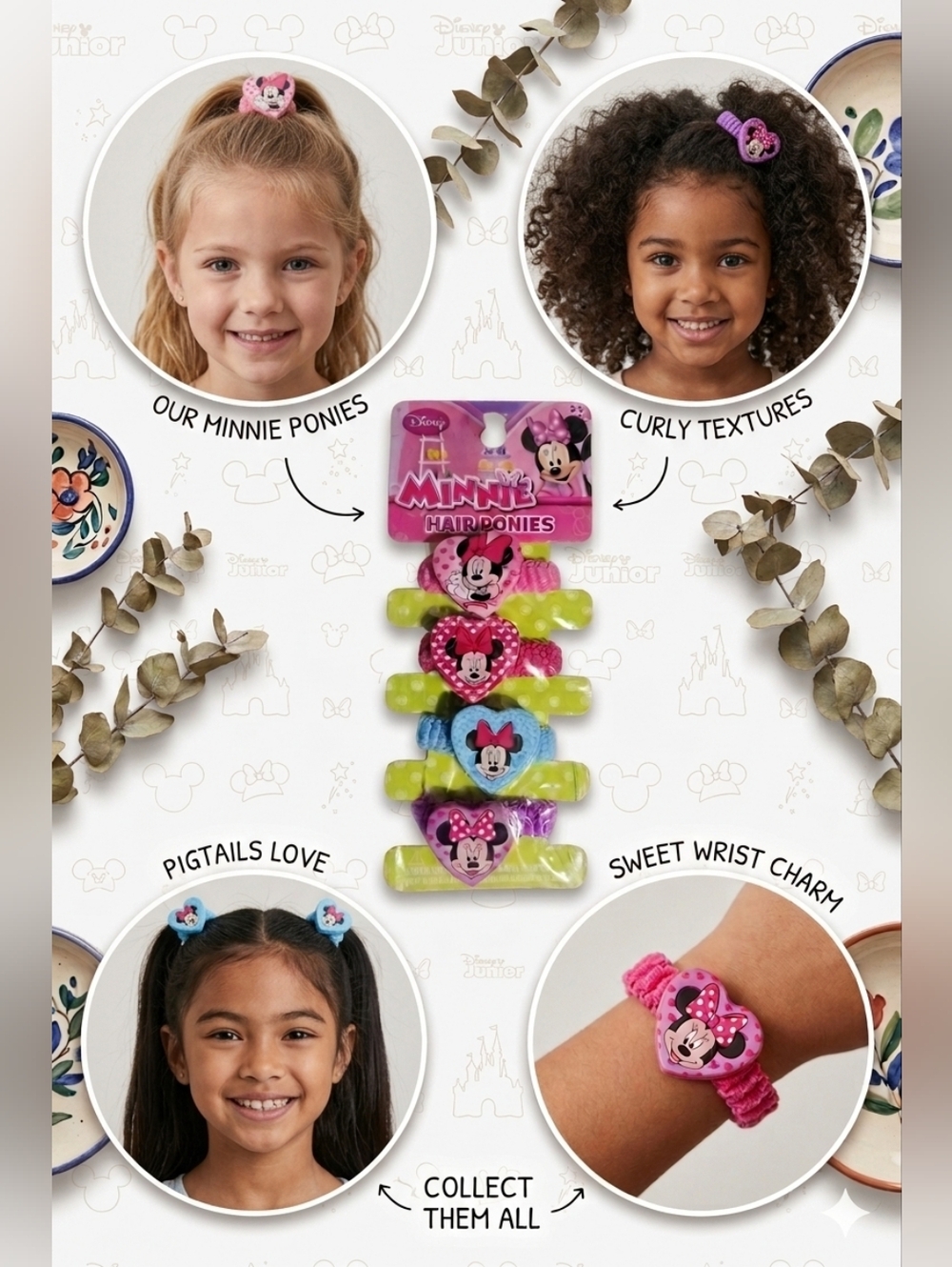 Nwt Disney's Minnie Mouse "Heart Love" Elastic Hair Ponies Set of 4 Terry Bands